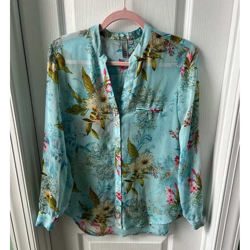 Kut From The Kloth Sheer Womens Blue Floral Print Blouse‎ Romantic Size XS